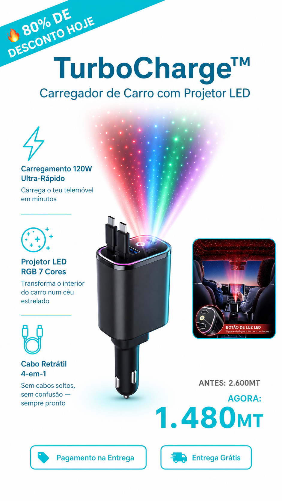 TurboCharge™– Carregador de Carro 4 em 1 com Projector