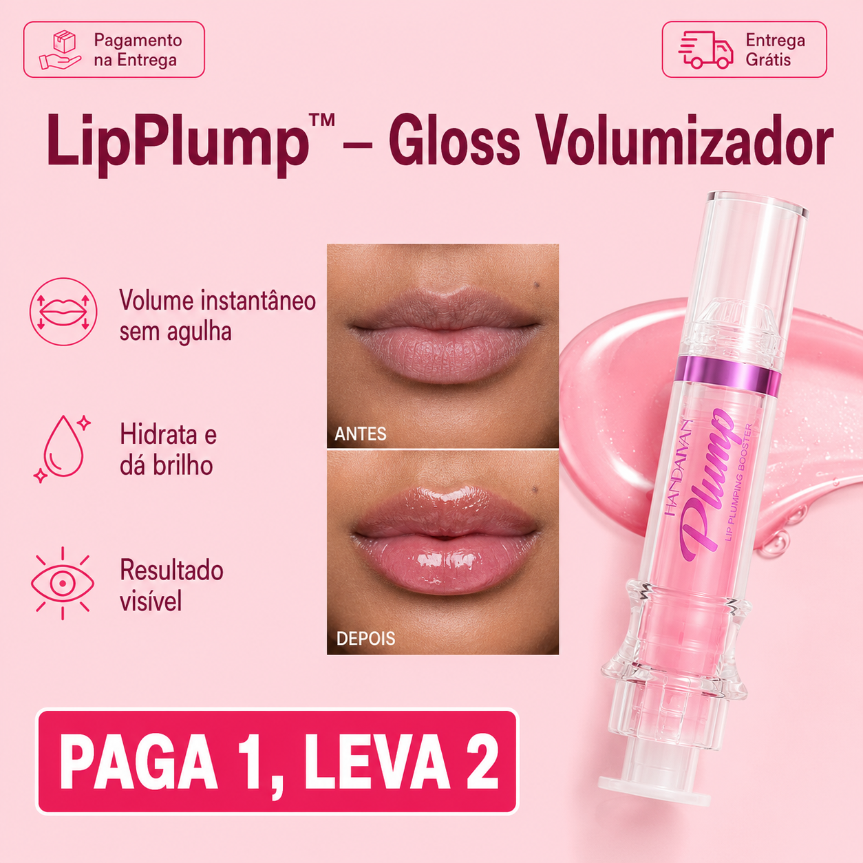 LipPlump™ – Gloss Volumizador de Preenchimento+ Paga1,Leva 2 APENAS HOJE🔥