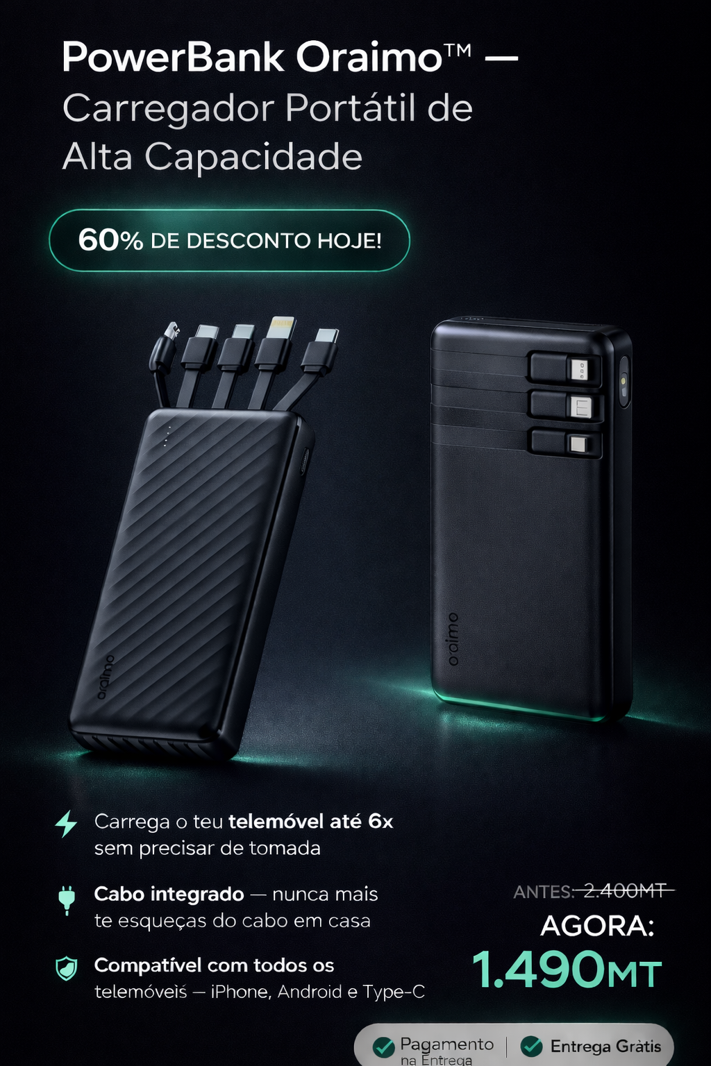 PowerBank Oraimo™-  Carregador Portatil de Alta Capacidade de Carga Rapida
