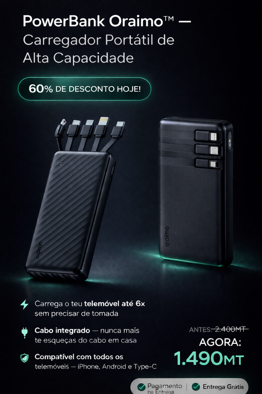 PowerBank Oraimo™-  Carregador Portatil de Alta Capacidade de Carga Rapida
