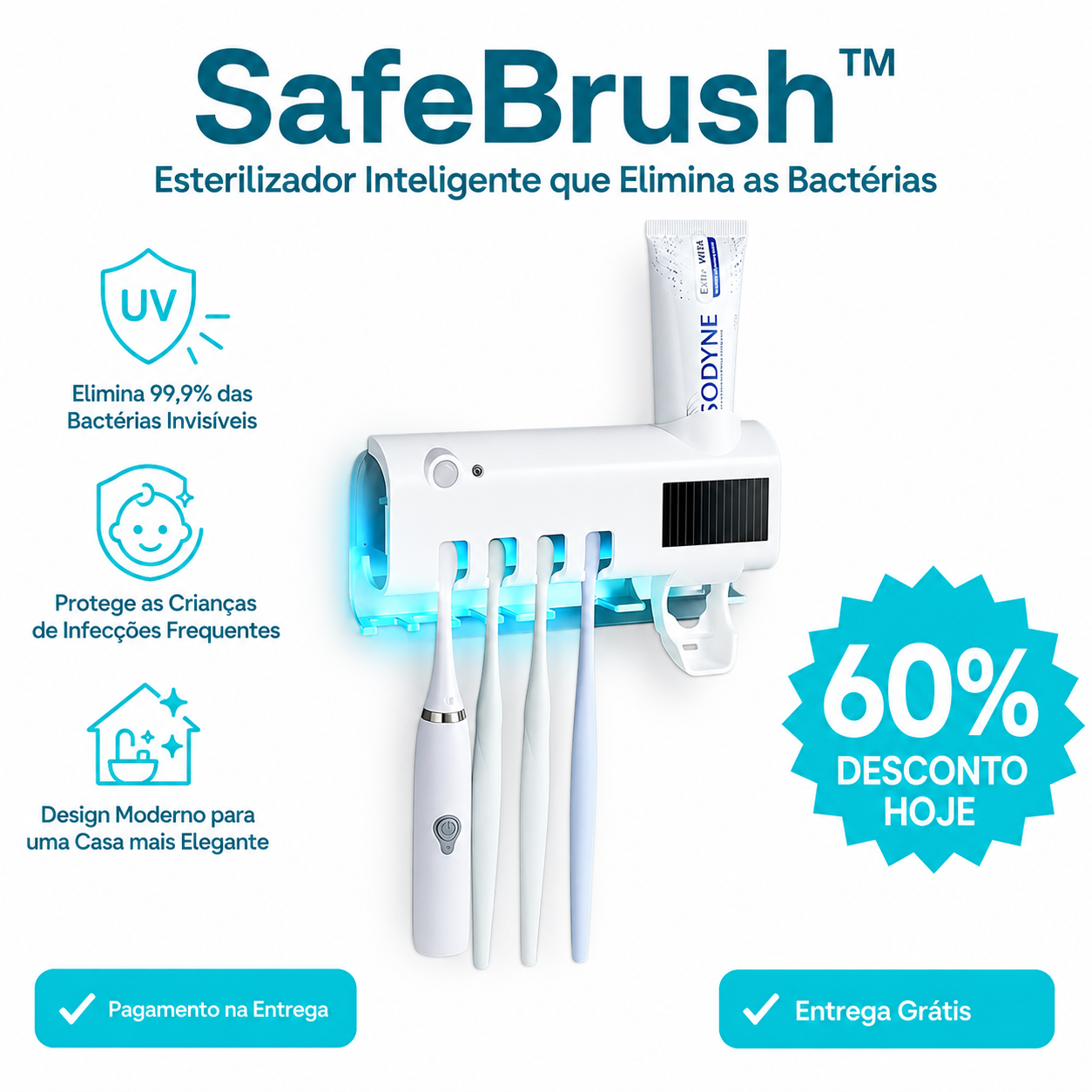 SafeBrush™  Esterilizador Inteligente que Elimina as Bactérias