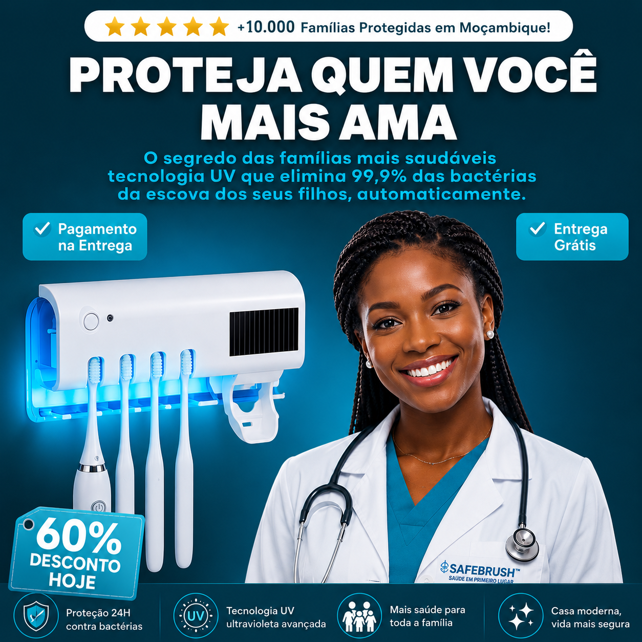 SafeBrush™  Esterilizador Inteligente que Elimina as Bactérias