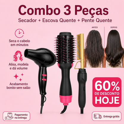 BellaLiss™ KIT Completo de Escova+Pente quente+ Secador para Cabelo