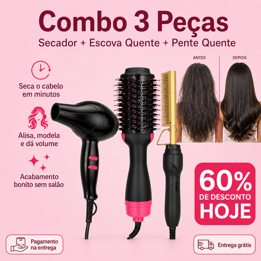 BellaLiss™ KIT Completo de Escova+Pente quente+ Secador para Cabelo