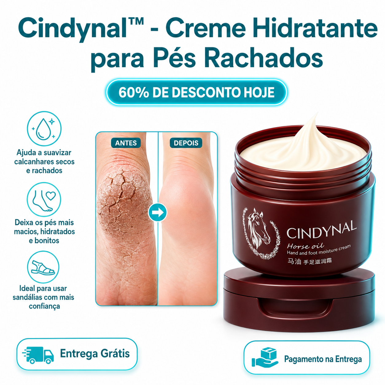 Cindynal™ - Creme Hidratante Intensivo para Pés Secos e Calcanhares Rachados